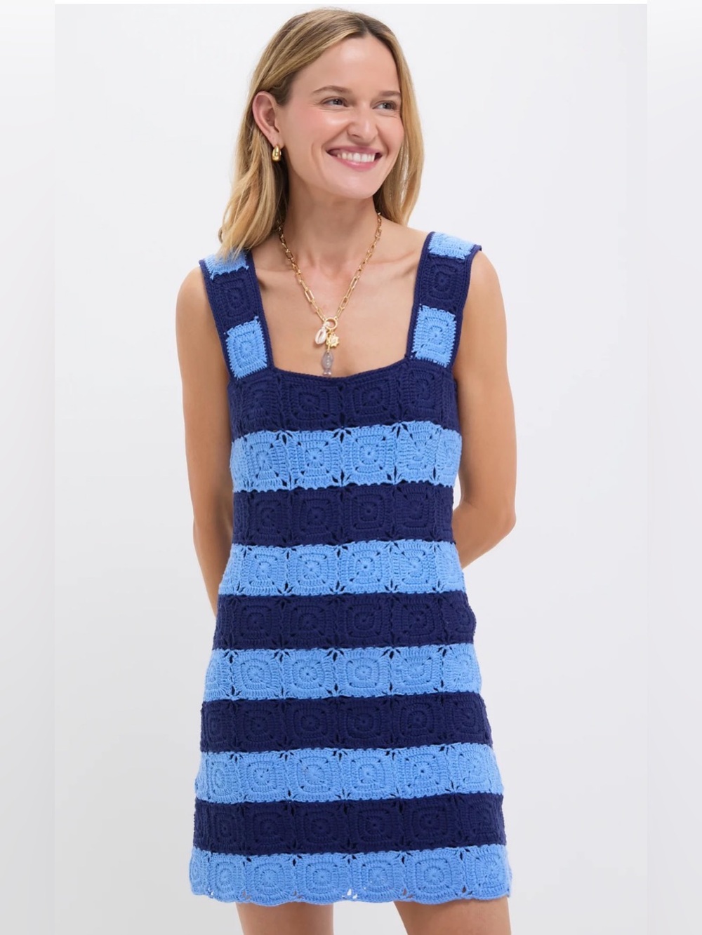 TUCKERNUCK HYACINTH HOUSE Cornflower Blue & Navy Crochet Cooper Mini Dress M NWT